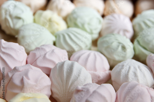Freshly prepared packaged air marshmallow according to a classic recipe at a confectionery factory, lies for sale to customers