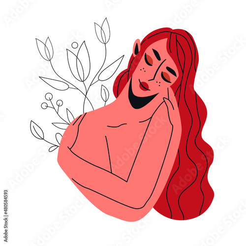 A naked girl with red hair hugs herself by the shoulders. Flowers bloom behind her. Self-love, body positive, self-care, calmness.  Vector flat illustration on peach background