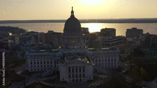 Madison State Capitol Building at Sunrise (Drone - Pull Back)