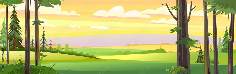 Rural landscape panorama. View of fields, vegetable garden and meadow hills. Morning or evening landscape in nature. Illustration in cartoon style flat design. Vector