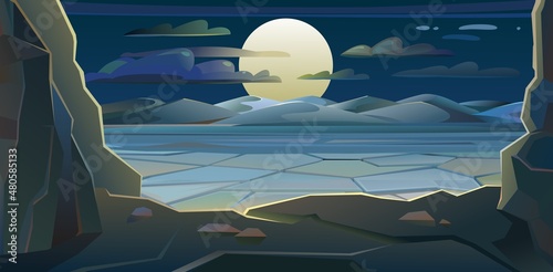 Desert sand. Dark night with big bright moon. Drought cracked desert land. Landscape of southern countryside. Cool cartoon style. Vector