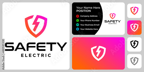 Letter S monogram shield electric logo design with business card template.

