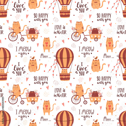 Seamless pattern with cute cats riding a bike and flying on air balloon. Handwritten phrases. Perfect for wrapping paper for Valentine's Day. Vector isolated illustrations on a white background.