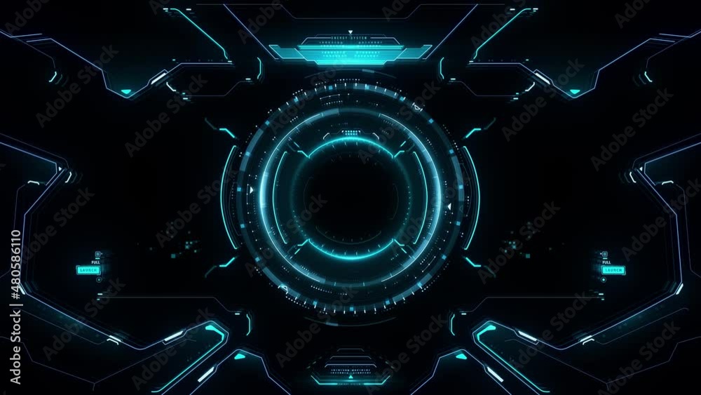 Sci-Fi Virtual Reality technology view display. The facial interface scans or analyzes data with a circular target. Futuristic display with control panel for game users. Animation concept