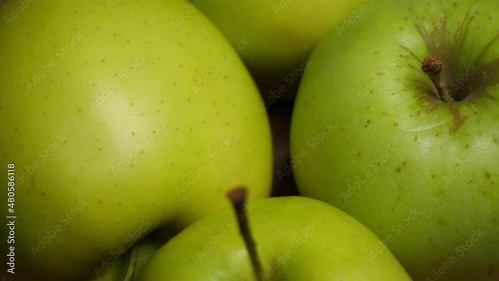 Four green apples, macro video. Apples of the Reinette Simirenko variety.
Four green apples, macro video. Apples of the Reinette Simirenko variety.