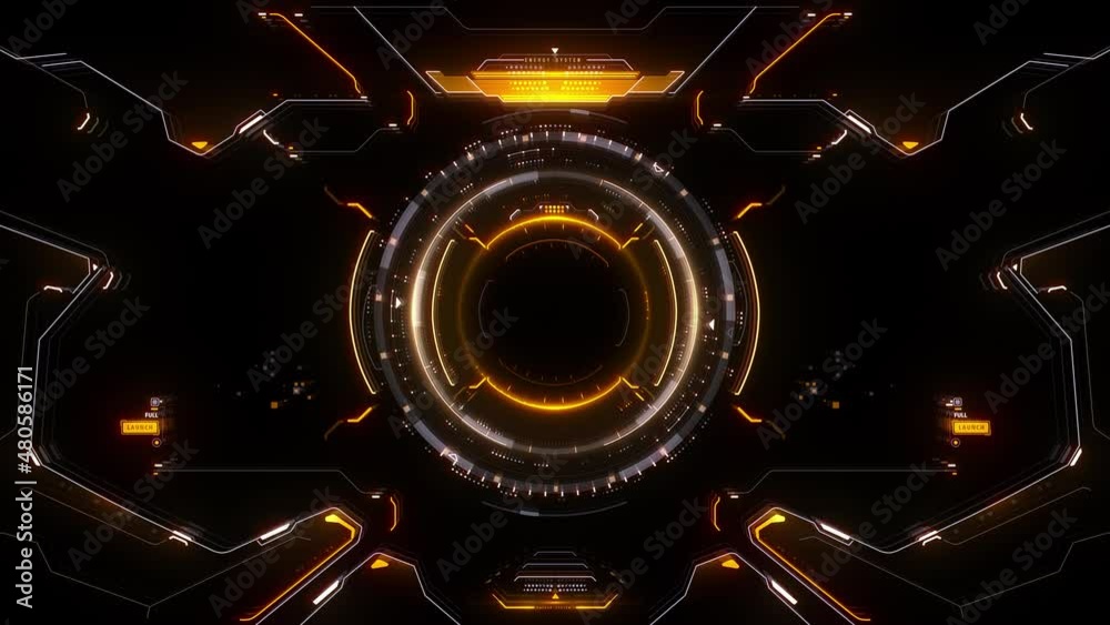 Sci-Fi Virtual Reality technology view display. The facial interface scans or analyzes data with a circular target. Futuristic display with control panel for game users. Animation concept