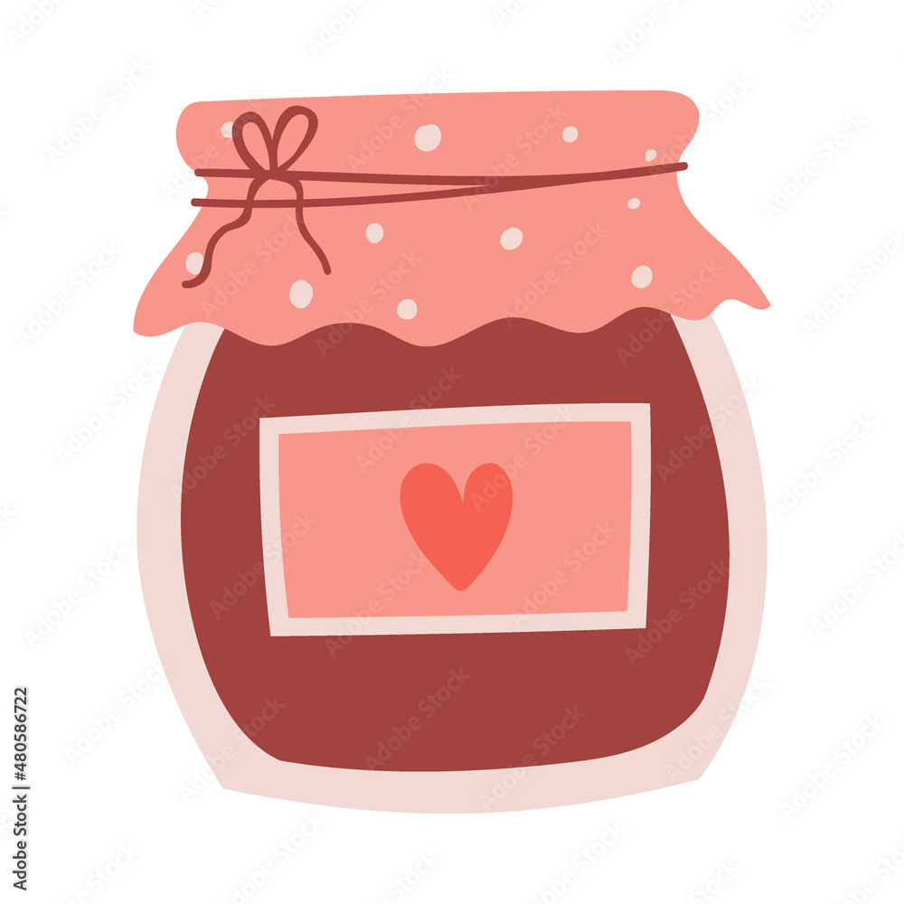 A jar of jam and a paper label with a heart. Sweet food. Cute decorative element for Valentine's Day cards. Simple flat color vector illustration isolated on white background. A jar of jam and a paper label with a heart. Sweet food. Cute decorative element for Valentine's Day cards. Simple flat color vector illustration isolated on white background.