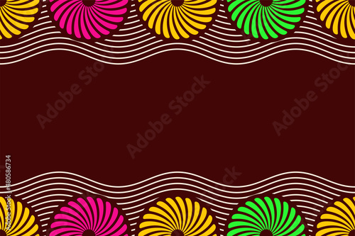 Seamless horizontal border pattern with circles  swirling shapes  wavy lines. African fashion vector pattern. Bright colors. Textile  fashion pattern. Space for text. Vector color background.
