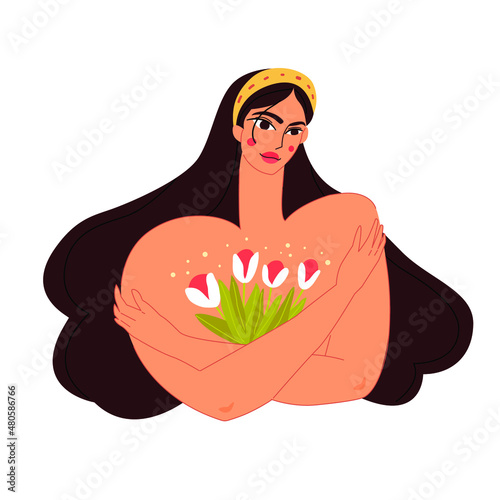Naked Latina hugs herself by the shoulders in her heart out of love for herself, dissolves tulip flowers
Self-love, body positive, self-care, calmness. Vector flat illustration on peach background