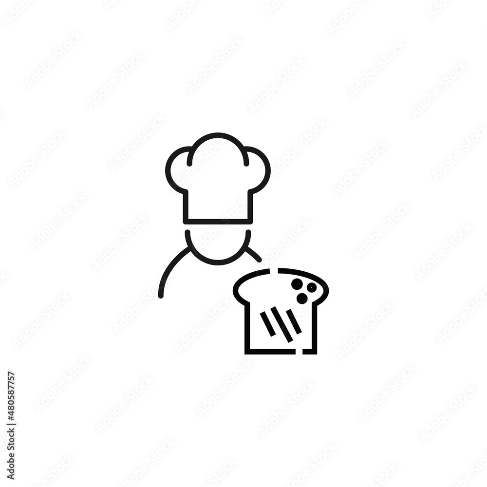 Cooking, food and kitchen concept. Collection of modern outline monochrome icons in flat style. Line icon of chef or cooker in chefs hat by bread Cooking, food and kitchen concept. Collection of modern outline monochrome icons in flat style. Line icon of chef or cooker in chefs hat by bread