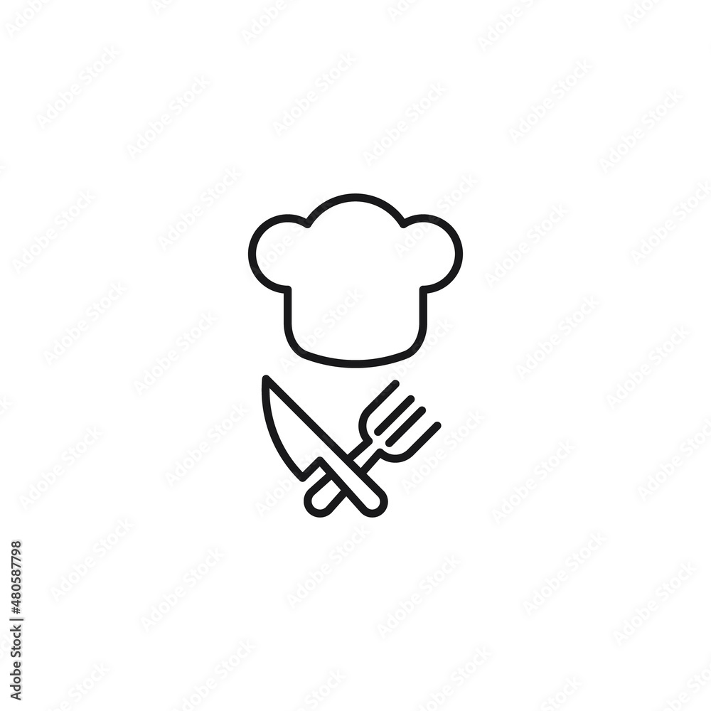 Cooking, food and kitchen concept. Collection of modern outline monochrome icons in flat style. Line icon of crossed knife and fork under chefs hat Cooking, food and kitchen concept. Collection of modern outline monochrome icons in flat style. Line icon of crossed knife and fork under chefs hat