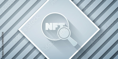 Paper cut Search NFT icon isolated on grey background. Non fungible token. Digital crypto art concept. Paper art style. Vector