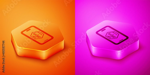 Isometric Mobile with art store app icon isolated on orange and pink background. Technology of selling NFT tokens for cryptocurrency. Non fungible token. Hexagon button. Vector