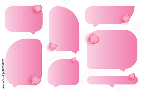 Set of decorative pink speech bubbles with hearts, speaking and talking communication and conversation isolated on white vector illustration, valentines day concept