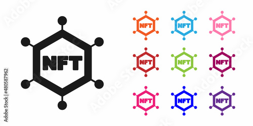 Black NFT blockchain technology icon isolated on white background. Non fungible token. Digital crypto art concept. Set icons colorful. Vector