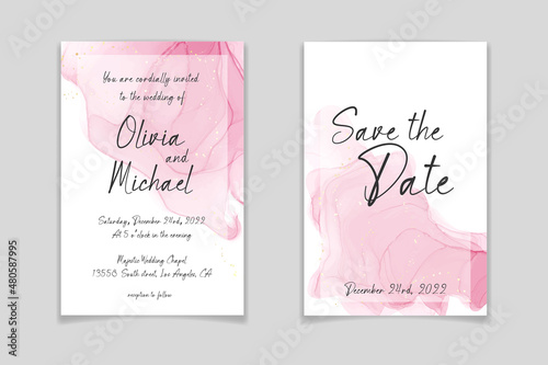 Rose pink liquid watercolor background with golden dots. Dusty blush marble alcohol ink drawing effect. Vector illustration design template for wedding invitation, menu, rsvp