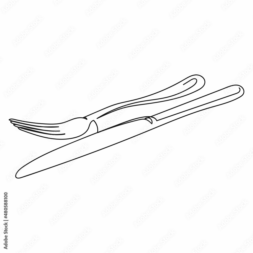 Continuous one simple single abstract line drawing of fork and knife icon in silhouette on a white background. Linear stylized. Continuous one simple single abstract line drawing of fork and knife icon in silhouette on a white background. Linear stylized.