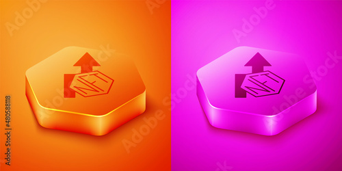 Isometric NFT growth bar chart icon isolated on orange and pink background. Non fungible token. Digital crypto art concept. Hexagon button. Vector