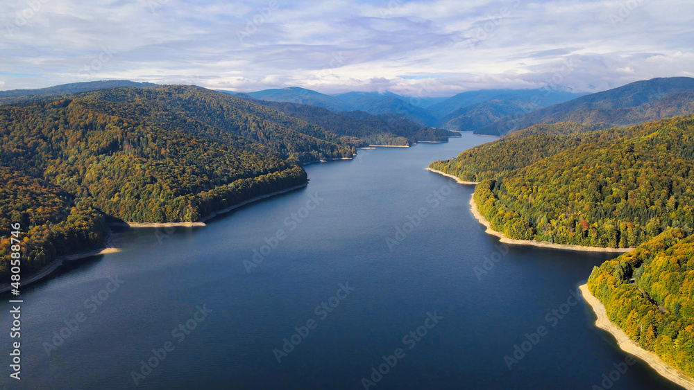 Aerial drone view of Vidraru lake in Romania