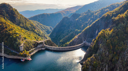 Bilde på lerret Aerial drone view of Vidraru dam in Romania