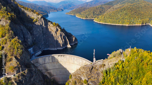 Aerial drone view of Vidraru dam in Romania