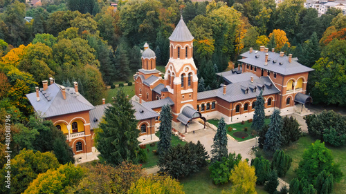 Aerial drone view of The Episcopal Church in Curtea de Arges, Romania
