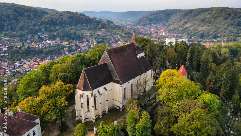 Aerial drone view of the Historic Centre of Sighisoara, Romania