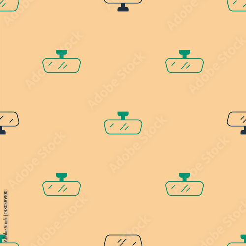 Green and black Car mirror icon isolated seamless pattern on beige background. Vector
