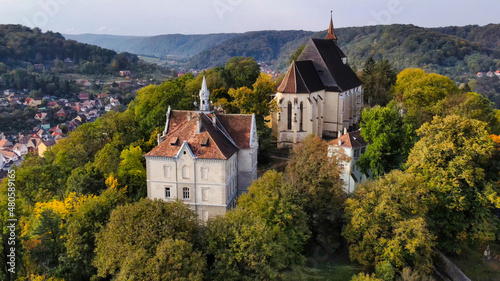 Aerial drone view of the Historic Centre of Sighisoara, Romania © frimufilms
