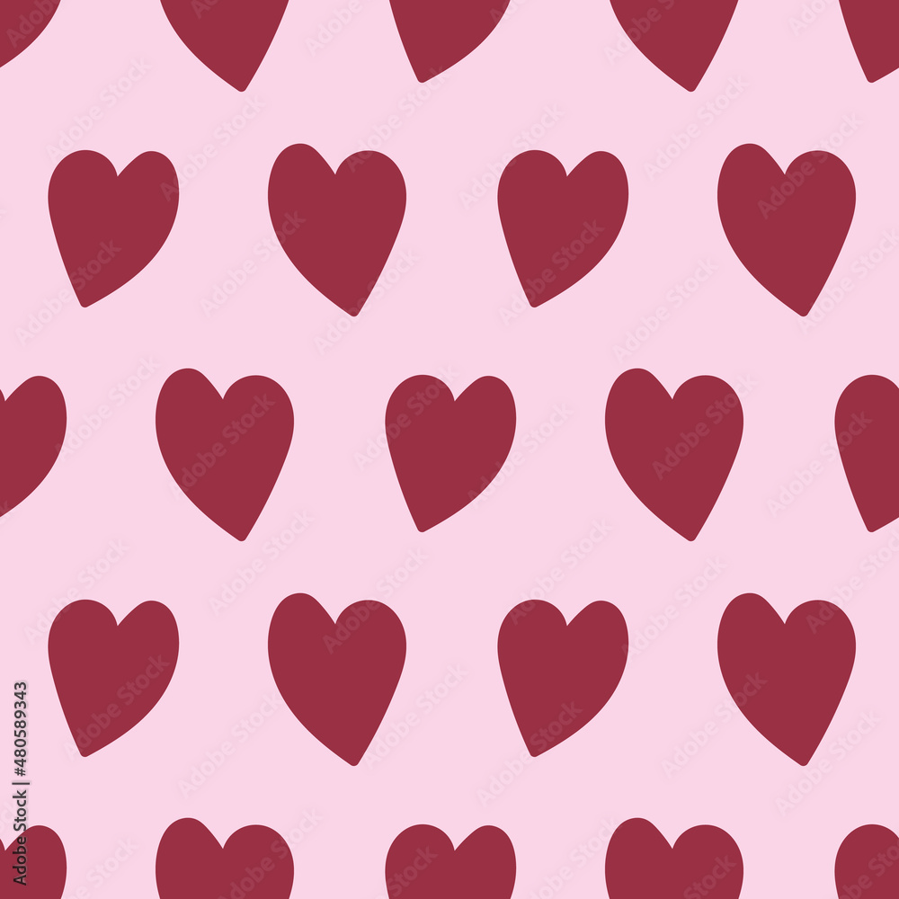 Burgundy hearts on baby pink background. Perfect for valentines day contents and products. Use it on fabric, textiles, gift wrap, digital background, wallpaper, product packaging, stationary.
