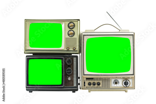 Three vintage televisions isolated on white with chroma key green screens.