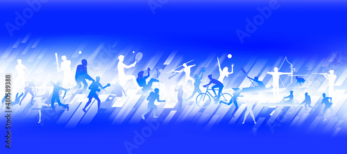 Sports background design with abstract modern template. Vector illustration of sport players in different activities. football, basketball, baseball, tennis, rugby, bicycling