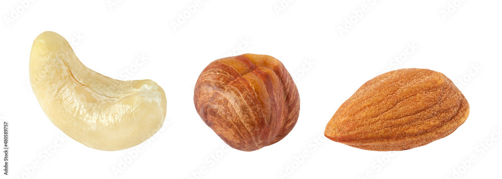 Set of nuts. Cashews almonds hazelnuts, isolated on a white background Set of nuts. Cashews almonds hazelnuts, isolated on a white background
