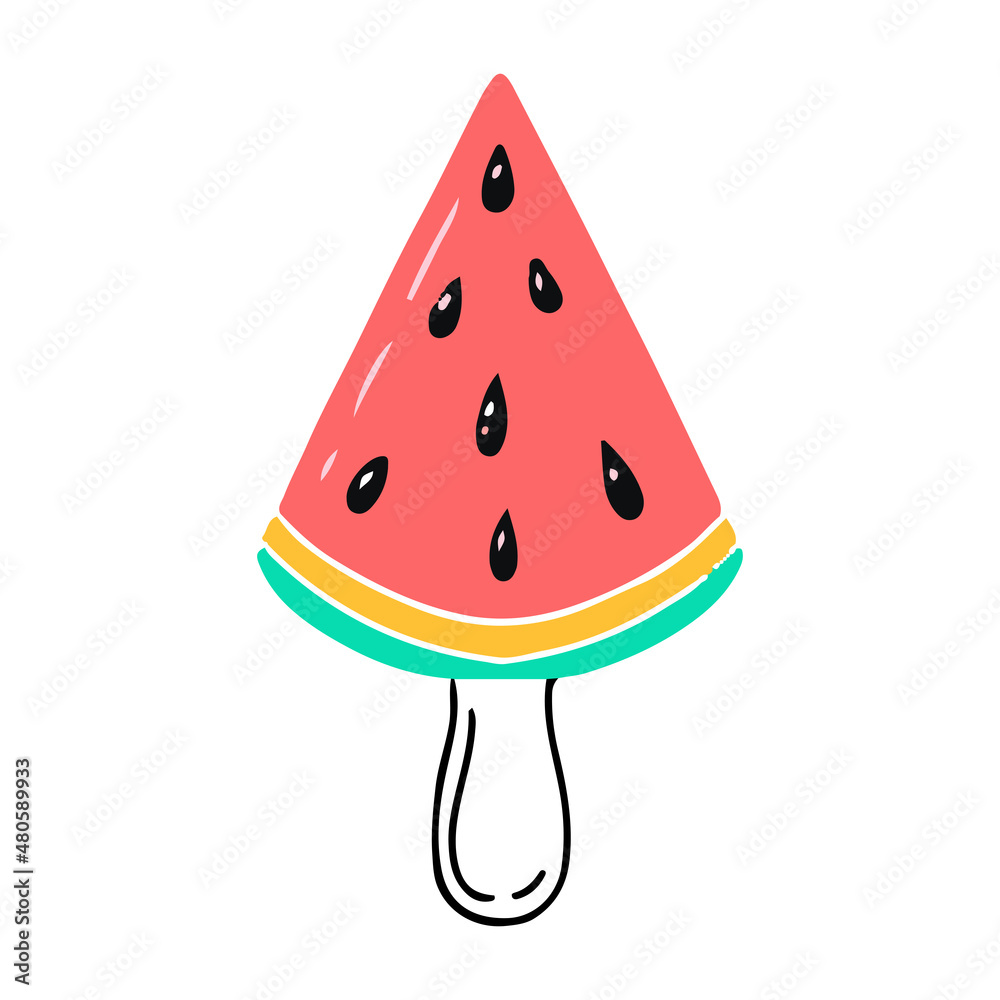 Fruit Ice Cream on a stick in the shape of a watermelon. Fun at sea. Vacation accessories. Vector illustration isolated on a white background. Fruit Ice Cream on a stick in the shape of a watermelon. Fun at sea. Vacation accessories. Vector illustration isolated on a white background.