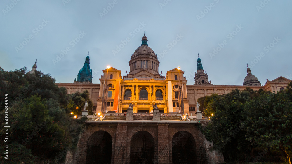 Fototapeta premium The National Palace in Barcelona at sunset, Spain