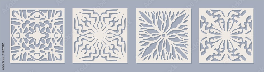 Vector Laser cut square panel set with vintage baroque pattern. Ornamental templates collection for wedding invitation or greeting card. Cabinet fretwork screen. Metal design, wood carving. - obrazy, fototapety, plakaty 