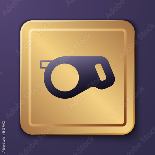 Purple Retractable cord leash with carabiner icon isolated on purple background. Pet dog lead. Animal accessory for outdoors walk. Gold square button. Vector