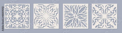 Vector Laser cut square panel set with vintage baroque pattern. Ornamental templates collection for wedding invitation or greeting card. Cabinet fretwork screen. Metal design, wood carving. photo