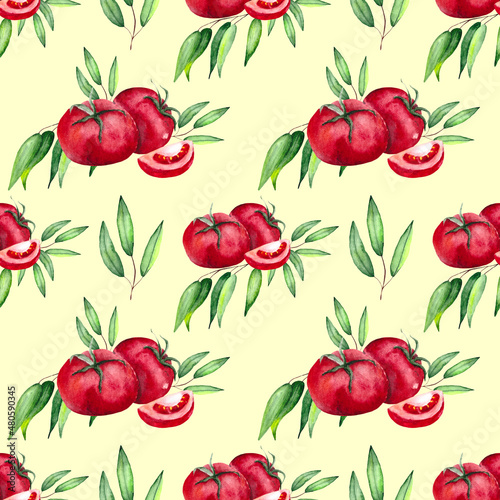 Juicy delicious tomatoes and green eucalyptus leaves. Seamless pattern for decoration and design of textiles, wallpaper and kitchen utensils.