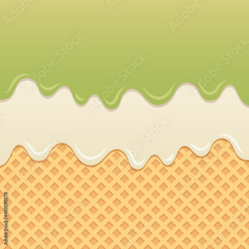 Flowing kiwi fruit sauce and milk cream melt on wafer background.