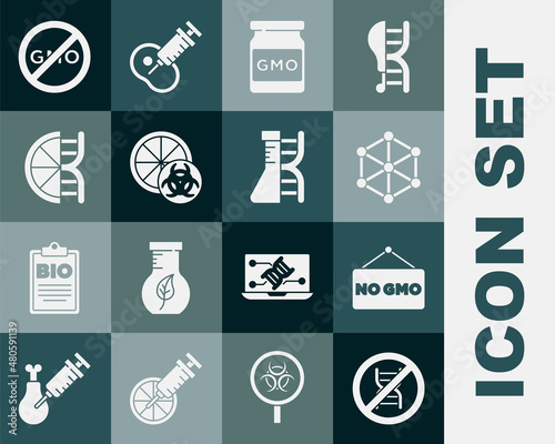 Set Stop GMO, No, Genetically modified orange, and DNA research, search icon. Vector