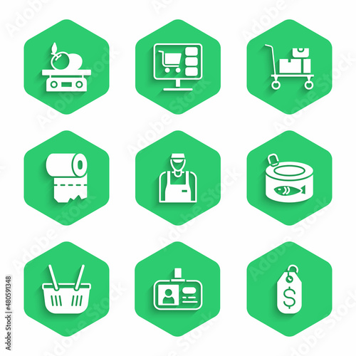 Set Seller, Identification badge, Price tag with dollar, Canned fish, Shopping basket, Toilet paper roll, Hand truck and boxes and Electronic scales for product icon. Vector