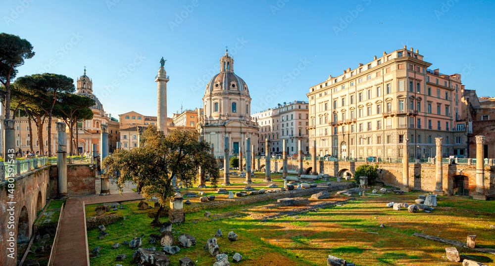 Panorama of The Church of the Most Holy Name of Mary at the Trajan Forum and Trajan's Column in Rome, Italy.