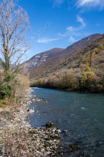 Landscape with a mountain river in late autumn. Bzyb river in the Caucasus mountains in Abkhazia.