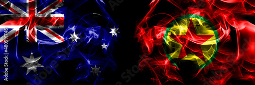 Flags of Australia, Australian vs Kurdistan Workers Party. Smoke flag placed side by side on black background