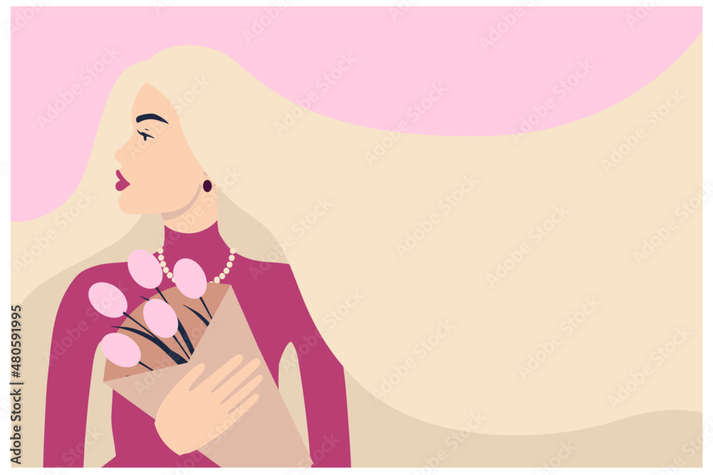 A greeting card. International Women's Day. March 8th. A woman in profile with a bouquet of flowers. Long hair. The concept of beauty. Tulips. Valentine's day. Mother's Day. A greeting card. International Women's Day. March 8th. A woman in profile with a bouquet of flowers. Long hair. The concept of beauty. Tulips. Valentine's day. Mother's Day.