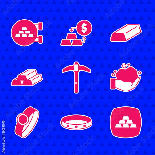Set Pickaxe, Gold ring, bars, nugget, and Jewelry store icon. Vector