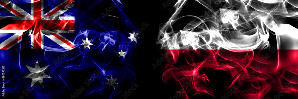 Flags of Australia, Australian vs Poland, Polish, Pole. Smoke flag placed side by side on black background Flags of Australia, Australian vs Poland, Polish, Pole. Smoke flag placed side by side on black background