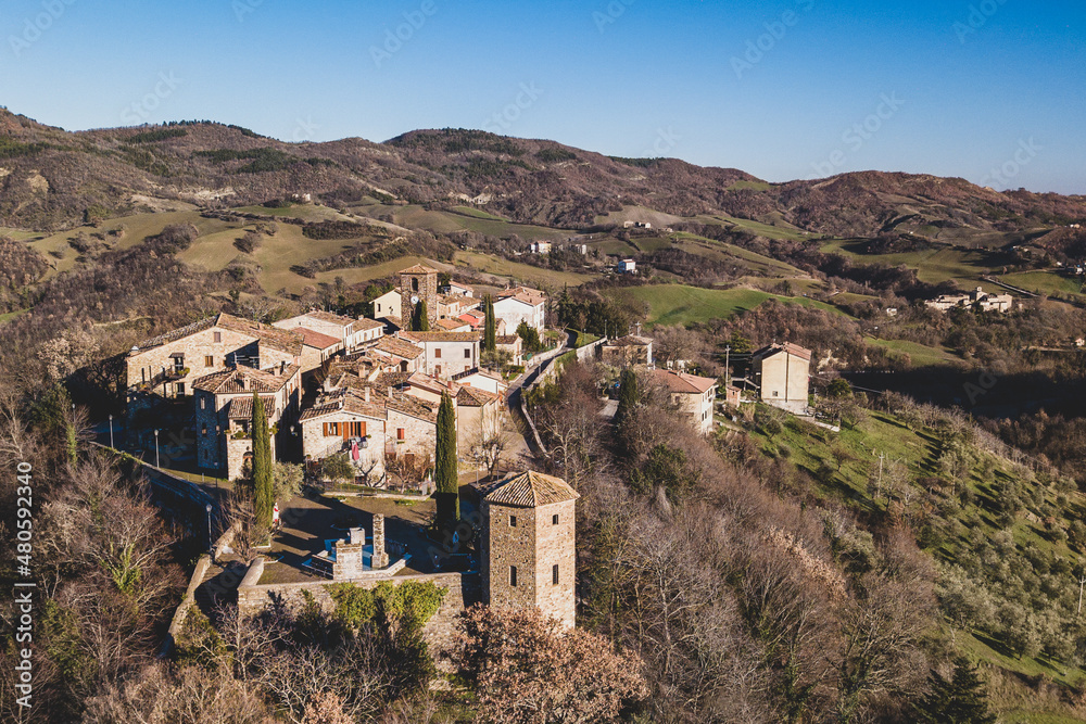 Italy January 2022, aerial view of the medieval village of Frontino in the province of Pesaro and Urbino in the Marche region