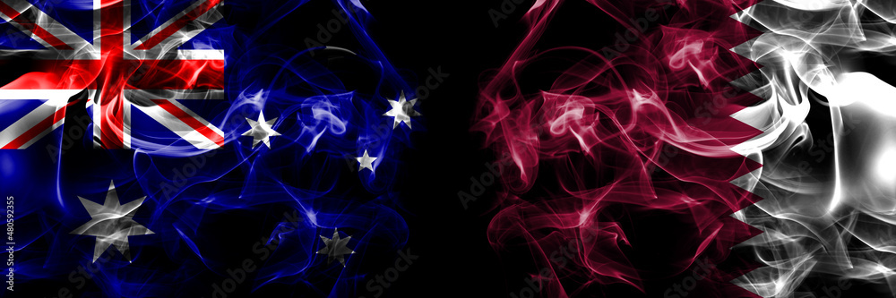 Flags of Australia, Australian vs Qatar, Qatari. Smoke flag placed side by side on black background Flags of Australia, Australian vs Qatar, Qatari. Smoke flag placed side by side on black background